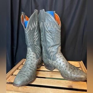 Sanders Vintage Gray/Green Full Quill Ostrich Western Men's Boots. Size 9D
